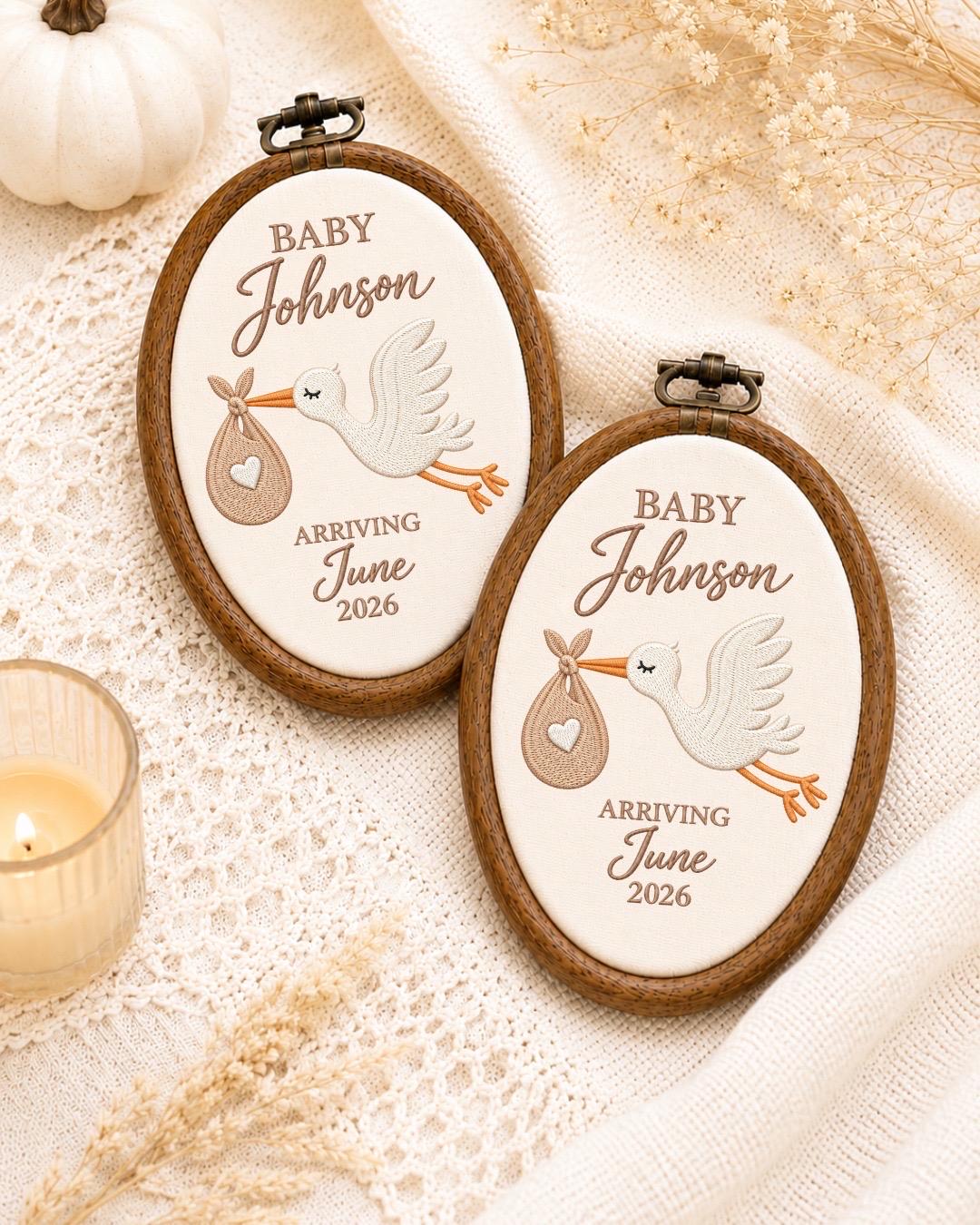 Personalized Pregnancy Announcement Embroidered Ornament, Stork Baby Due Date Keepsake, Custom Family Name Baby Reveal