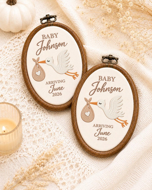 Personalized Pregnancy Announcement Embroidered Ornament, Stork Baby Due Date Keepsake, Custom Family Name Baby Reveal