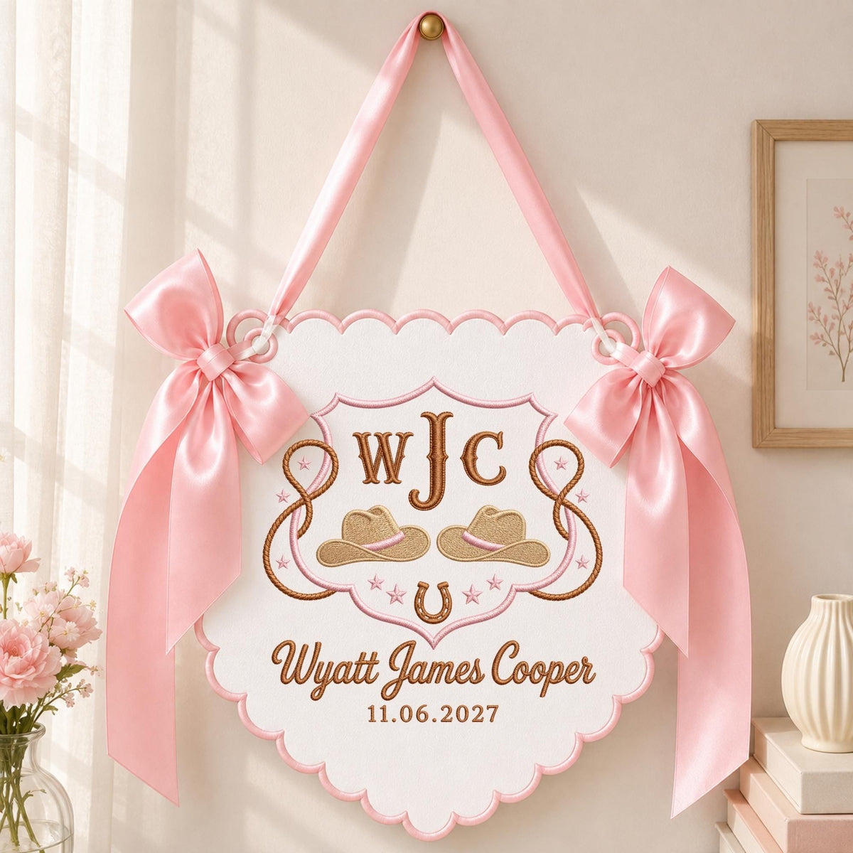 May include: A white scalloped wall hanging with pink satin ribbons and bows. The embroidery features a brown shield, two cowboy hats, a horseshoe, stars, and the monogram WJC. Below, the text reads Wyatt James Cooper and 11.06.2027.