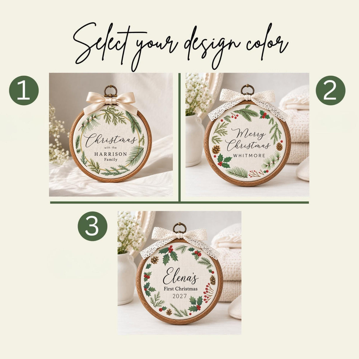 May include: Three circular wooden embroidery hoops featuring personalized Christmas designs. Design 1 shows pine branches with text 'Christmas with the HARRISON Family'. Design 2 shows holly and pine with 'Merry Christmas WHITMORE'. Design 3 shows 'ELENA's First Christmas 2027'. Each hoop is topped with a decorative fabric bow.