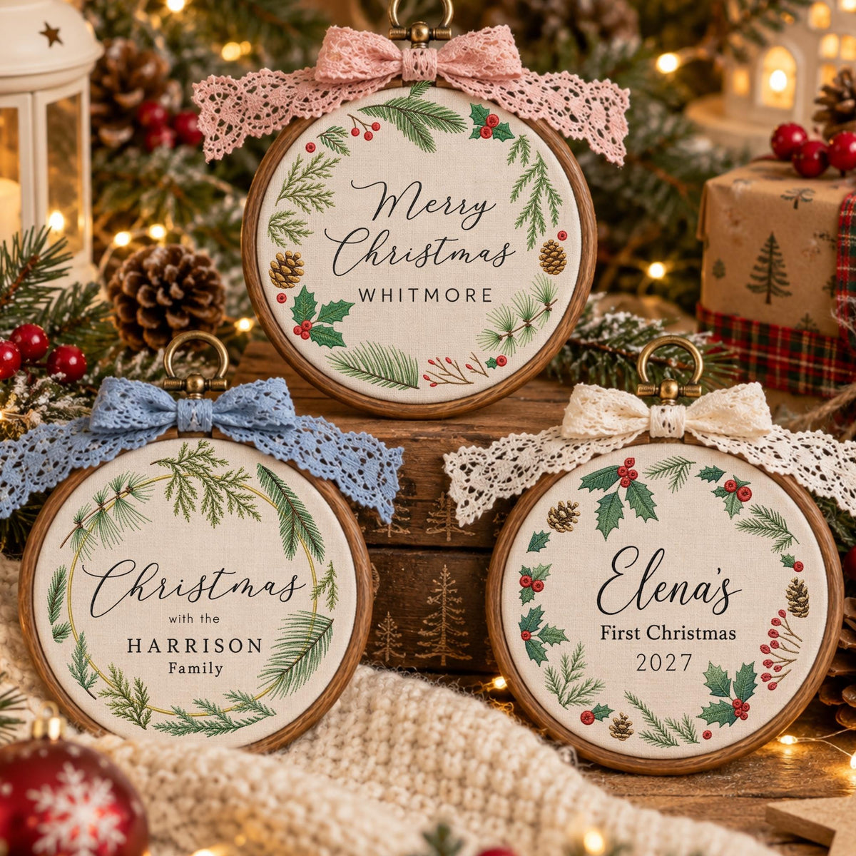 May include: Three circular wooden embroidery hoops featuring fabric inserts with printed Christmas wreath designs. Each hoop is topped with a decorative lace bow in pink, blue, or cream, displaying personalized text and festive greenery.