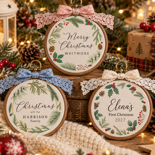 May include: Three circular wooden embroidery hoops featuring fabric inserts with printed Christmas wreath designs. Each hoop is topped with a decorative lace bow in pink, blue, or cream, displaying personalized text and festive greenery.