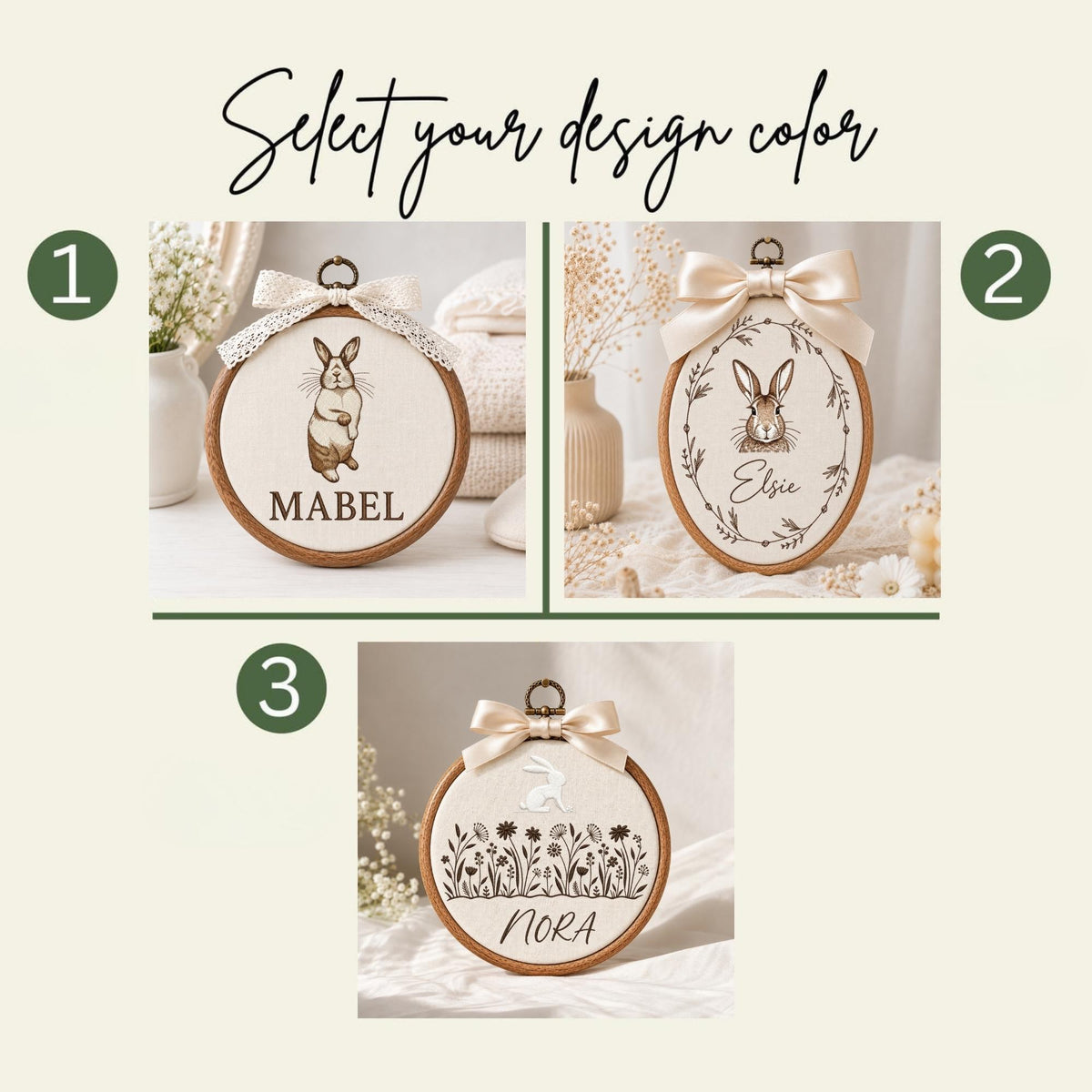 May include: Three circular wooden embroidery hoops featuring custom designs. Option 1 shows a rabbit and the name MABEL. Option 2 displays a rabbit inside a floral wreath with the name Elsie. Option 3 features a rabbit, flowers, and the name NORA.