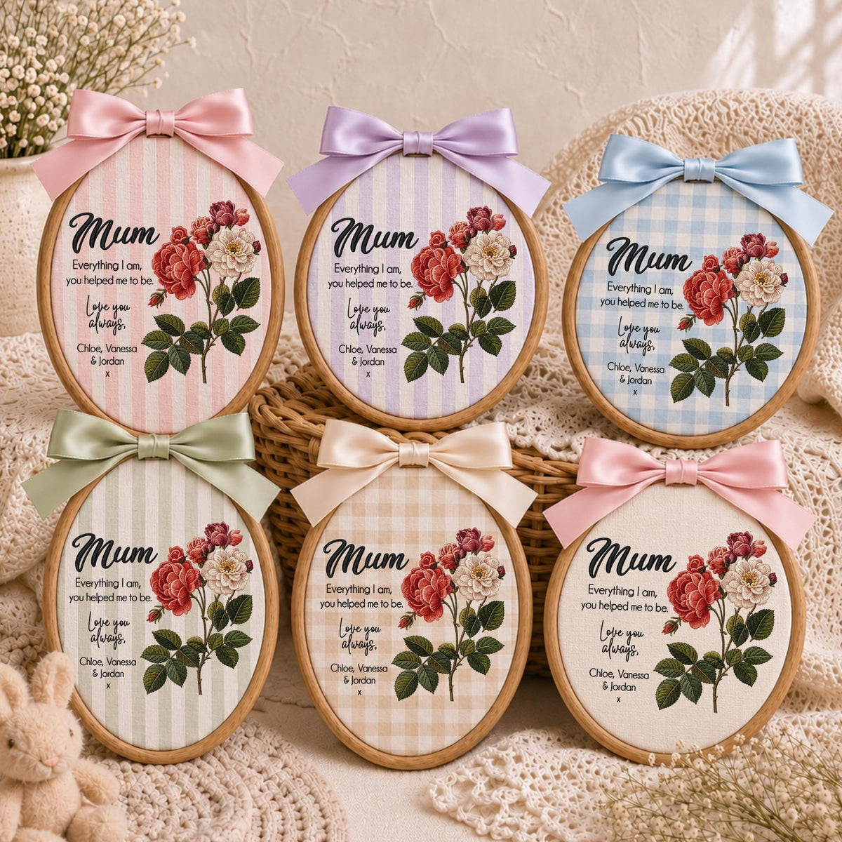 May include: Six oval wooden embroidery hoops featuring fabric with various pastel stripes and gingham patterns. Each hoop displays a printed red and white rose illustration, the text Mum, Everything I am, you helped me to be, Love you always, and names, topped with a satin bow.