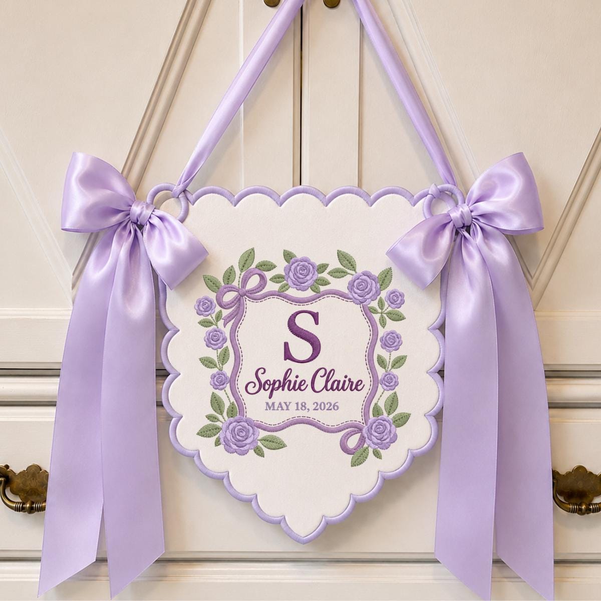 Personalized Baby Name Banner Sophie Claire Floral Rose Nursery Wall Decor Scalloped Bow Hanging Birth Announcement Shower Keepsake Gift