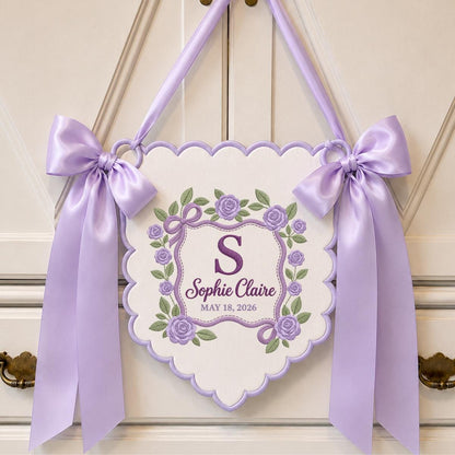 Personalized Baby Name Banner Sophie Claire Floral Rose Nursery Wall Decor Scalloped Bow Hanging Birth Announcement Shower Keepsake Gift