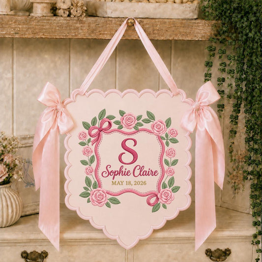 Personalized Baby Name Banner Sophie Claire Floral Rose Nursery Wall Decor Scalloped Bow Hanging Birth Announcement Shower Keepsake Gift