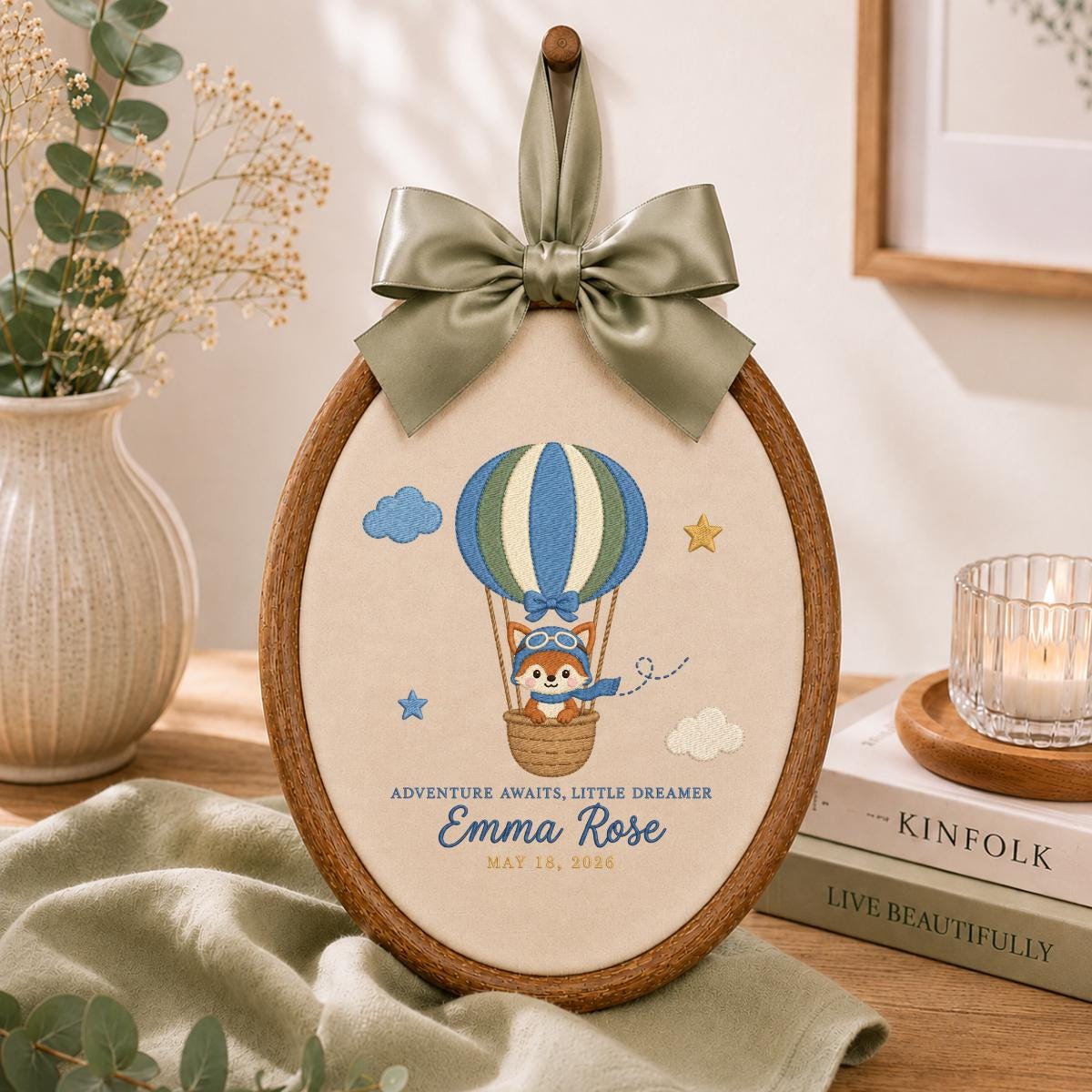 Personalized Baby Name Hoop Emma Rose Hot Air Balloon Nursery Wall Decor Adventure Bear Birth Announcement Embroidered Baby Shower Keepsake