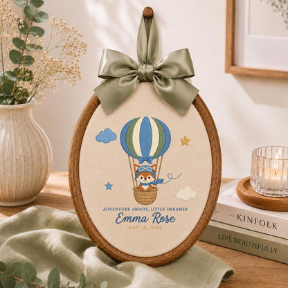 Personalized Baby Name Hoop Emma Rose Hot Air Balloon Nursery Wall Decor Adventure Bear Birth Announcement Embroidered Baby Shower Keepsake