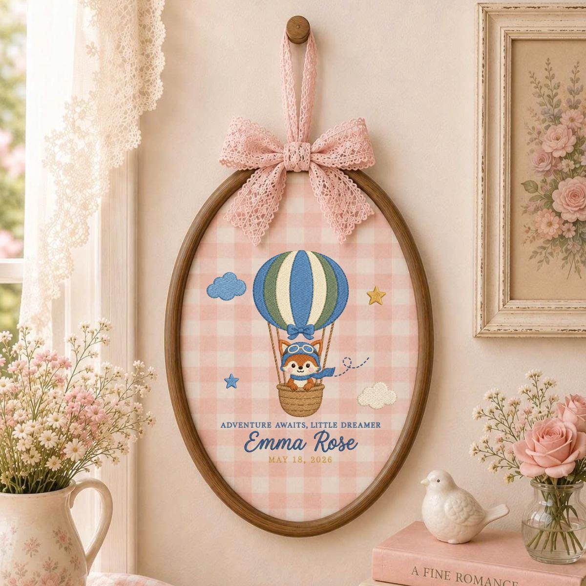 Personalized Baby Name Hoop Emma Rose Hot Air Balloon Nursery Wall Decor Adventure Bear Birth Announcement Embroidered Baby Shower Keepsake