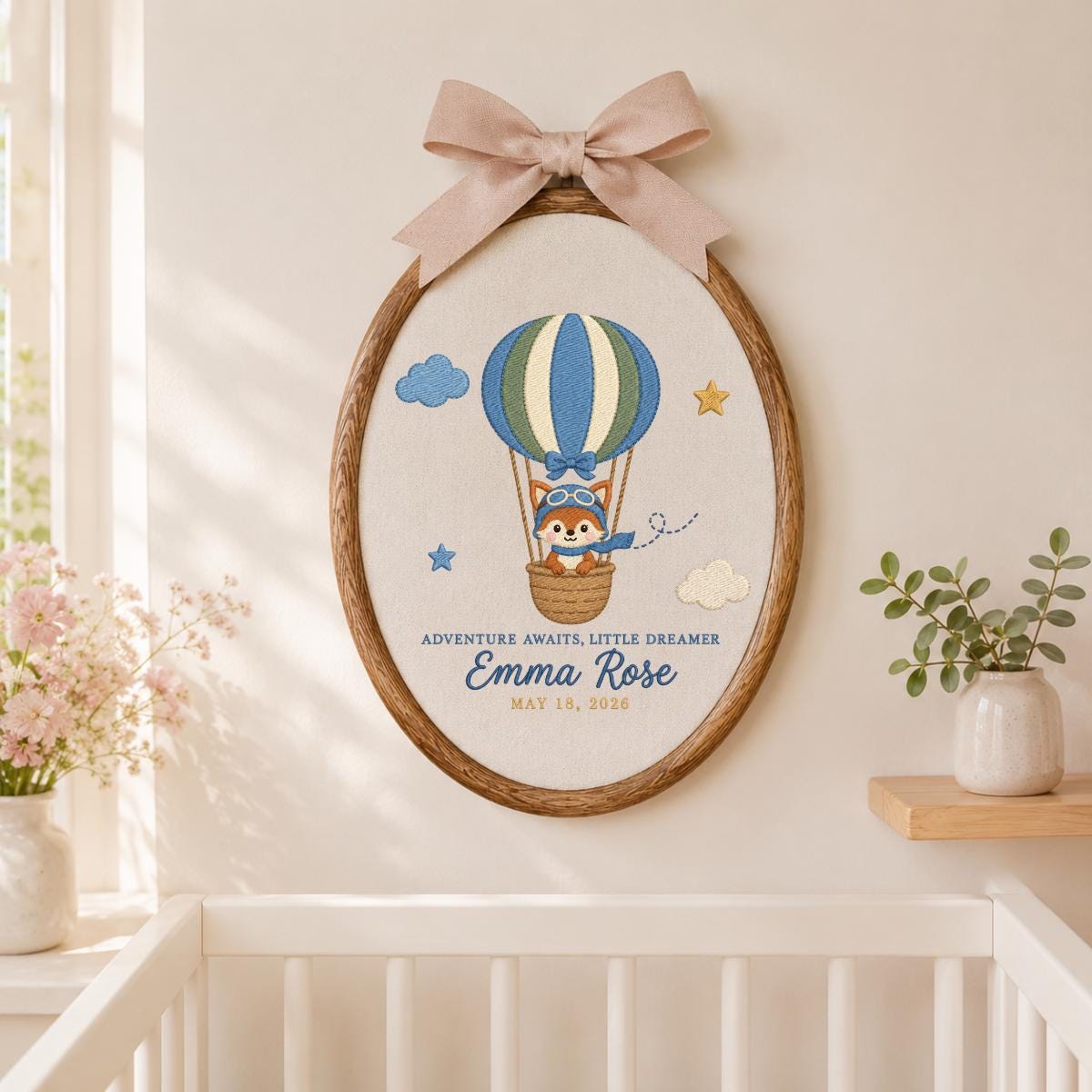 Personalized Baby Name Hoop Emma Rose Hot Air Balloon Nursery Wall Decor Adventure Bear Birth Announcement Embroidered Baby Shower Keepsake