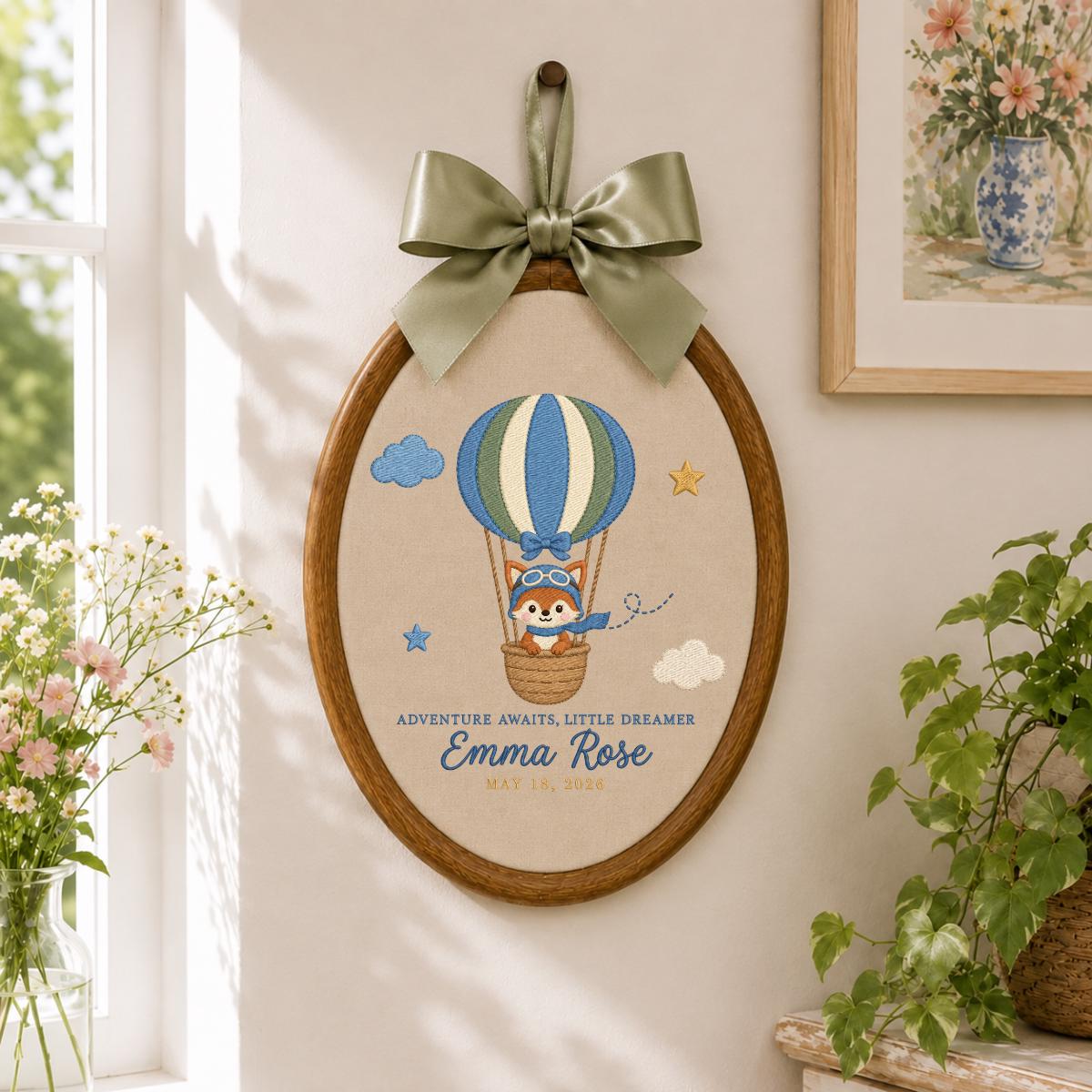 Personalized Baby Name Hoop Emma Rose Hot Air Balloon Nursery Wall Decor Adventure Bear Birth Announcement Embroidered Baby Shower Keepsake