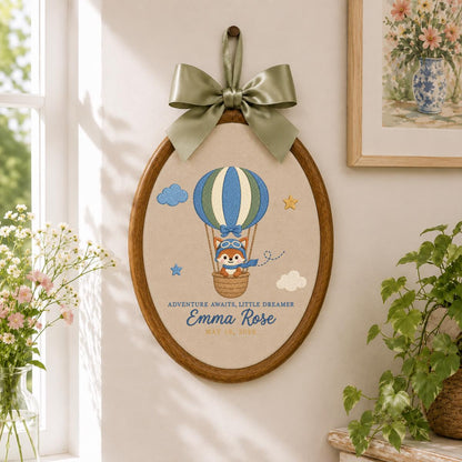Personalized Baby Name Hoop Emma Rose Hot Air Balloon Nursery Wall Decor Adventure Bear Birth Announcement Embroidered Baby Shower Keepsake