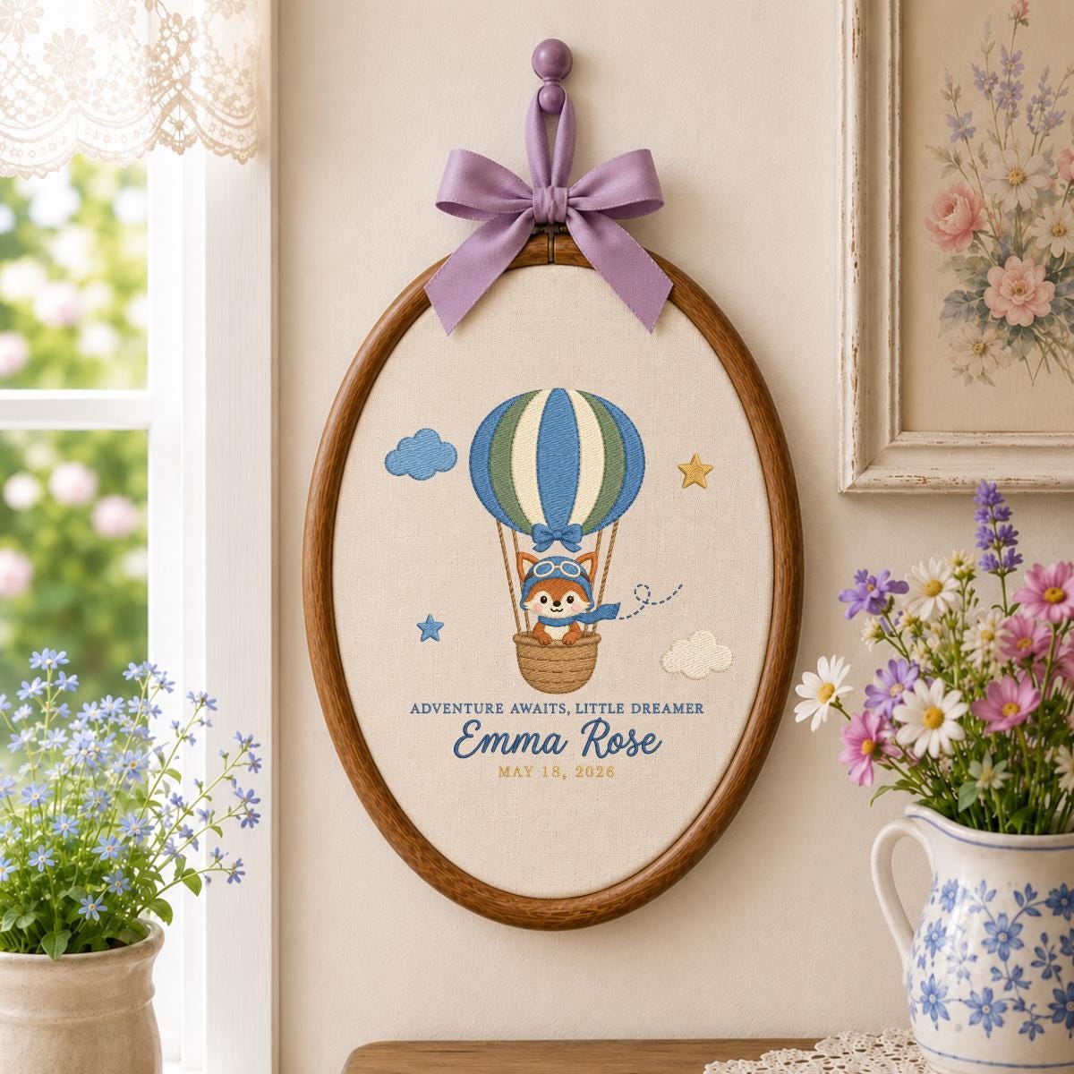 Personalized Baby Name Hoop Emma Rose Hot Air Balloon Nursery Wall Decor Adventure Bear Birth Announcement Embroidered Baby Shower Keepsake