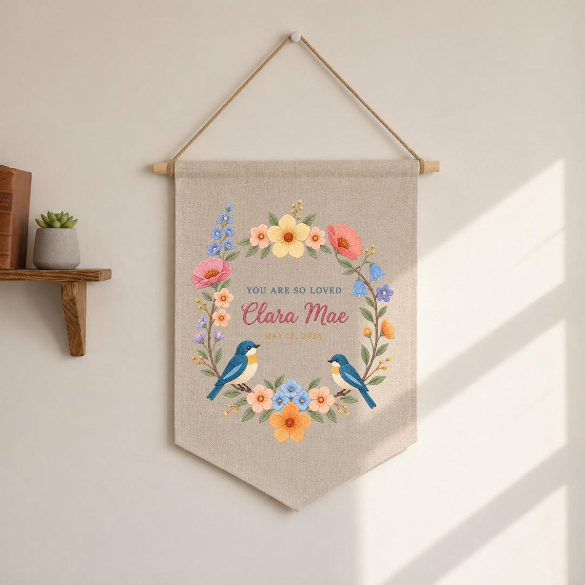 Personalized Baby Name Banner Clara Mae Floral Bird Nursery Wall Decor You Are So Loved Birth Announcement Embroidered Pennant Baby Gift