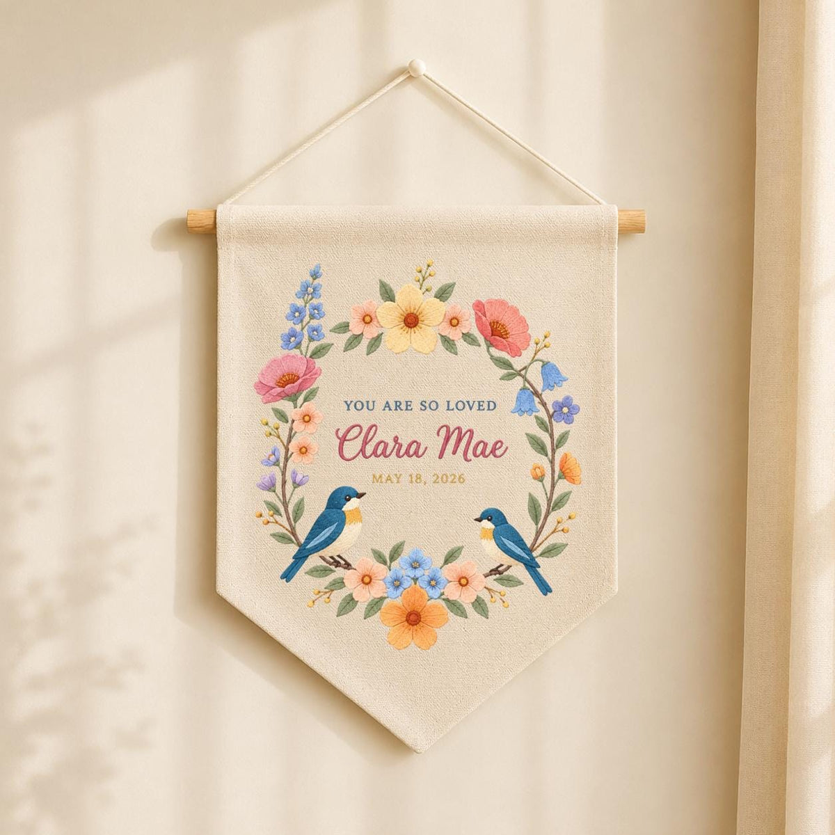 Personalized Baby Name Banner Clara Mae Floral Bird Nursery Wall Decor You Are So Loved Birth Announcement Embroidered Pennant Baby Gift