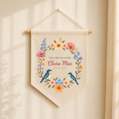 Personalized Baby Name Banner Clara Mae Floral Bird Nursery Wall Decor You Are So Loved Birth Announcement Embroidered Pennant Baby Gift