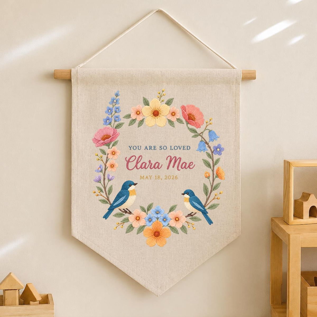 Personalized Baby Name Banner Clara Mae Floral Bird Nursery Wall Decor You Are So Loved Birth Announcement Embroidered Pennant Baby Gift