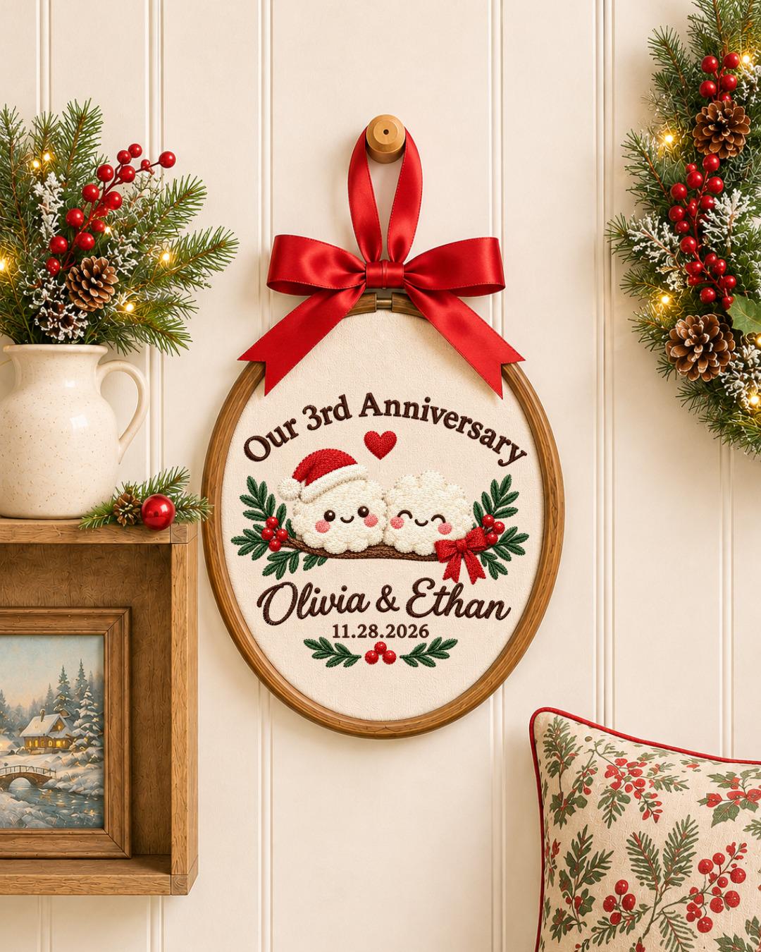 Personalized 3rd Anniversary Embroidered Ornament, Custom Couple Names Christmas Hoop, Third Anniversary Gift, Romantic Keepsake