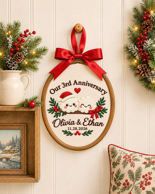 Personalized 3rd Anniversary Embroidered Ornament, Custom Couple Names Christmas Hoop, Third Anniversary Gift, Romantic Keepsake