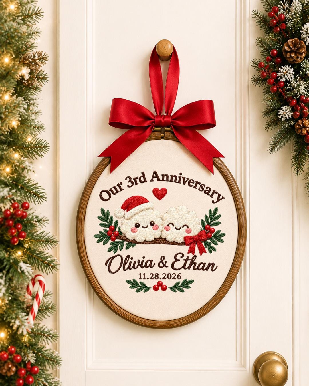 Personalized 3rd Anniversary Embroidered Ornament, Custom Couple Names Christmas Hoop, Third Anniversary Gift, Romantic Keepsake