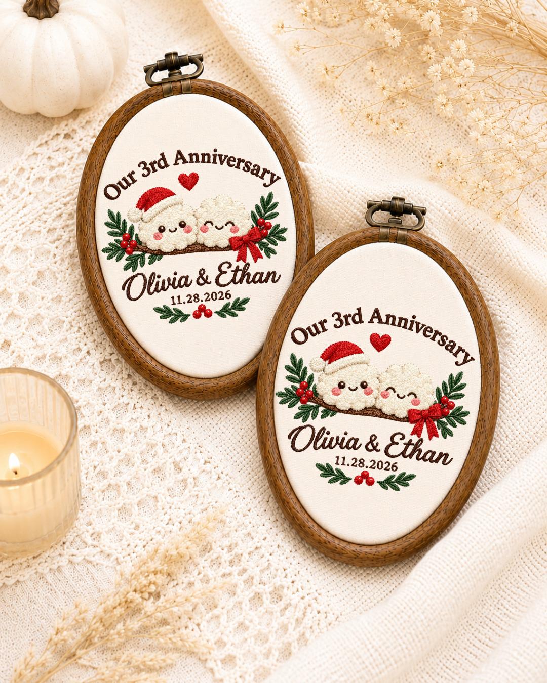 Personalized 3rd Anniversary Embroidered Ornament, Custom Couple Names Christmas Hoop, Third Anniversary Gift, Romantic Keepsake
