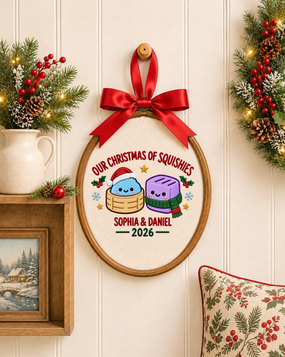 Personalized Squishies Christmas Embroidered Ornament, Custom Couple Names Hoop, Cute Christmas Keepsake, Holiday Gift for Couple