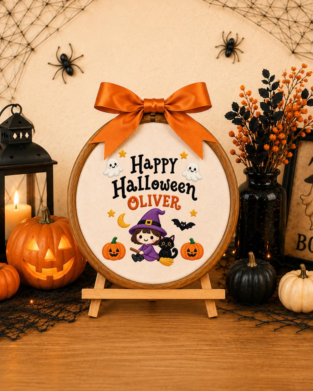 Personalized Halloween Witch Embroidered Ornament, Custom Name Hoop, Cute Witch and Black Cat Decor, Kids Halloween Gift