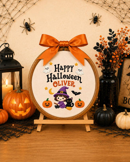 Personalized Halloween Witch Embroidered Ornament, Custom Name Hoop, Cute Witch and Black Cat Decor, Kids Halloween Gift