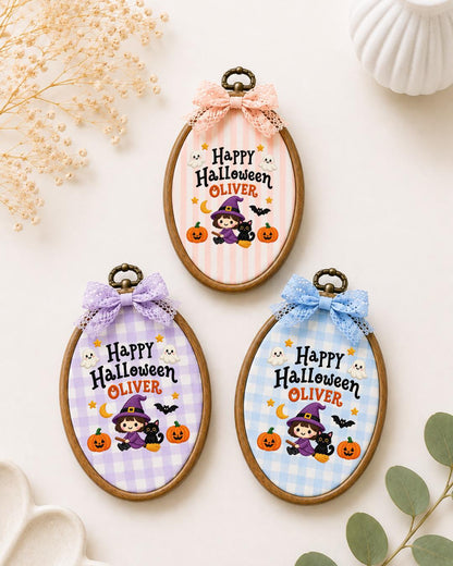 Personalized Halloween Witch Embroidered Ornament, Custom Name Hoop, Cute Witch and Black Cat Decor, Kids Halloween Gift
