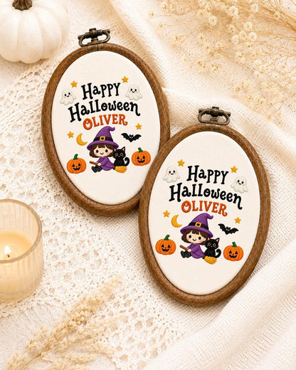 Personalized Halloween Witch Embroidered Ornament, Custom Name Hoop, Cute Witch and Black Cat Decor, Kids Halloween Gift