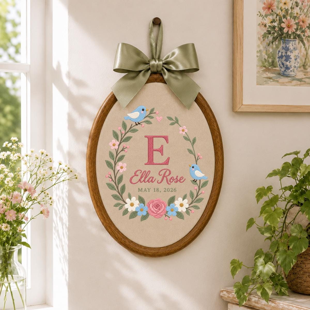 Personalized Baby Name Hoop Ella Rose Floral Bird Nursery Wall Decor Initial E Birth Announcement Embroidered Baby Shower Keepsake Gift