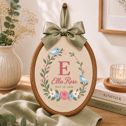 Personalized Baby Name Hoop Ella Rose Floral Bird Nursery Wall Decor Initial E Birth Announcement Embroidered Baby Shower Keepsake Gift