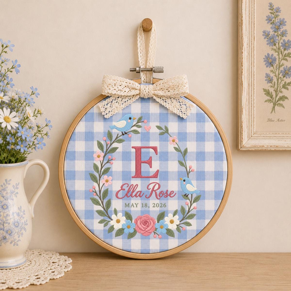 Personalized Baby Name Hoop Ella Rose Floral Bird Nursery Wall Decor Initial E Birth Announcement Embroidered Baby Shower Keepsake Gift