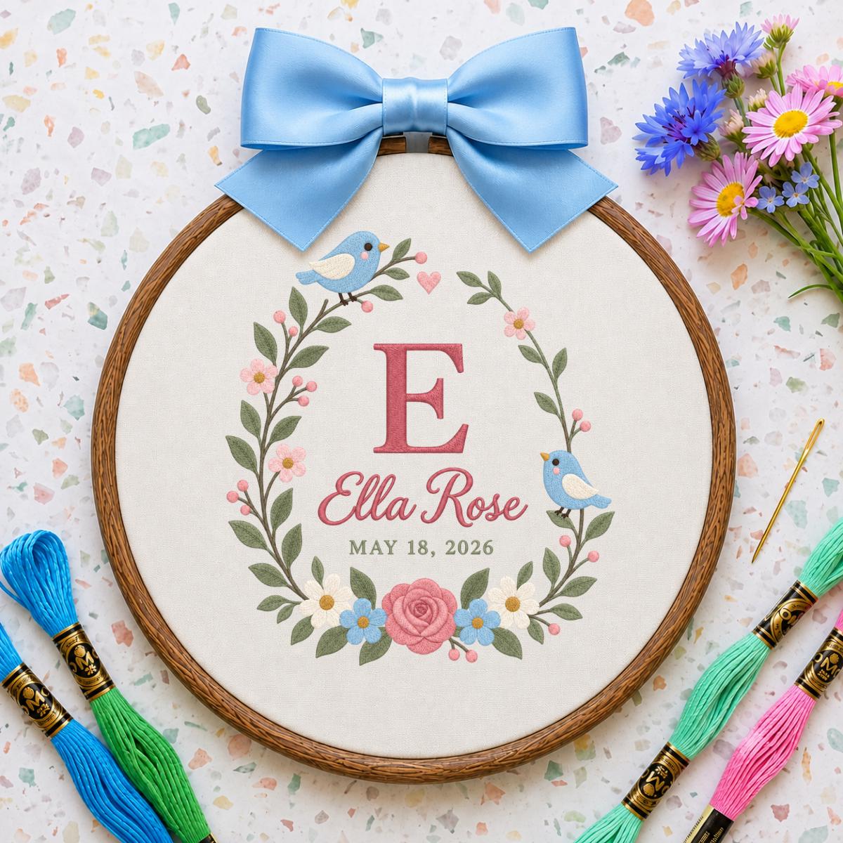 Personalized Baby Name Hoop Ella Rose Floral Bird Nursery Wall Decor Initial E Birth Announcement Embroidered Baby Shower Keepsake Gift