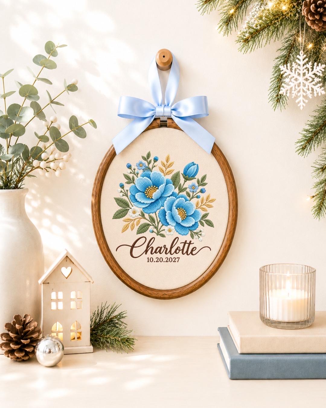 Personalized Blue Floral Embroidered Ornament, Custom Name and Date Flower Ornament, Birth Flower Keepsake, Personalized Gift for Her