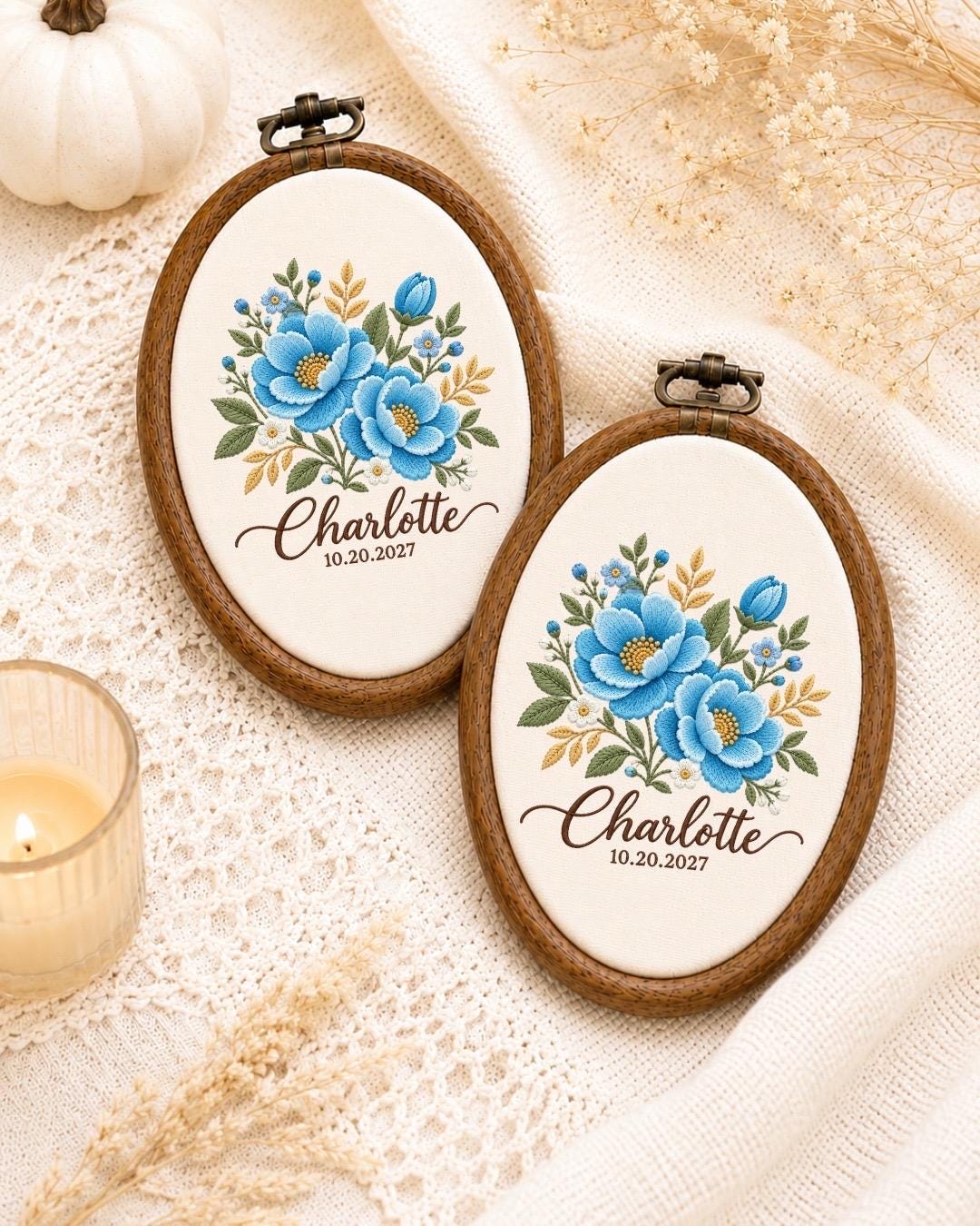 Personalized Blue Floral Embroidered Ornament, Custom Name and Date Flower Ornament, Birth Flower Keepsake, Personalized Gift for Her