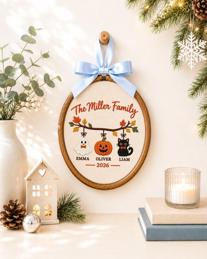 Personalized Family Halloween Embroidered Ornament, Custom Family Name Ornament, Ghost Pumpkin Black Cat Halloween Decor, Family Keepsake