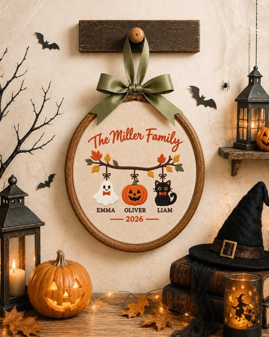 Personalized Family Halloween Embroidered Ornament, Custom Family Name Ornament, Ghost Pumpkin Black Cat Halloween Decor, Family Keepsake