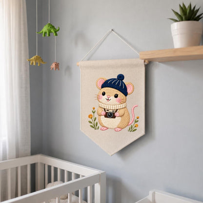 Embroidered Mouse Banner Cute Woodland Animal Wall Hanging Camera Lover Nursery Decor Cozy Winter Home Gift Handmade Keepsake Pennant