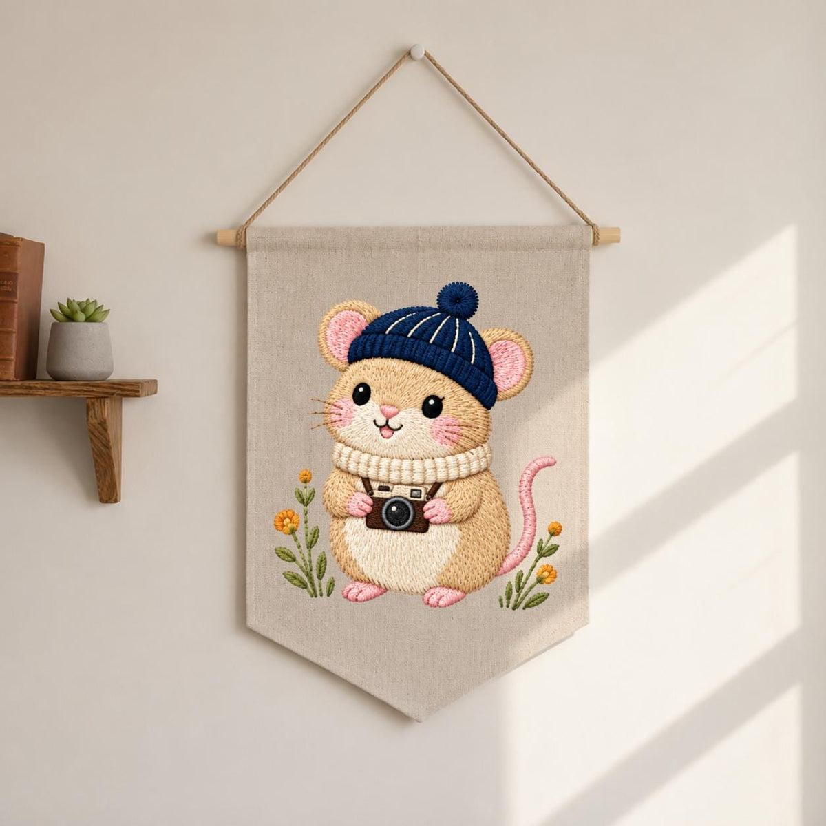 Embroidered Mouse Banner Cute Woodland Animal Wall Hanging Camera Lover Nursery Decor Cozy Winter Home Gift Handmade Keepsake Pennant