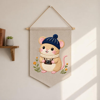 Embroidered Mouse Banner Cute Woodland Animal Wall Hanging Camera Lover Nursery Decor Cozy Winter Home Gift Handmade Keepsake Pennant