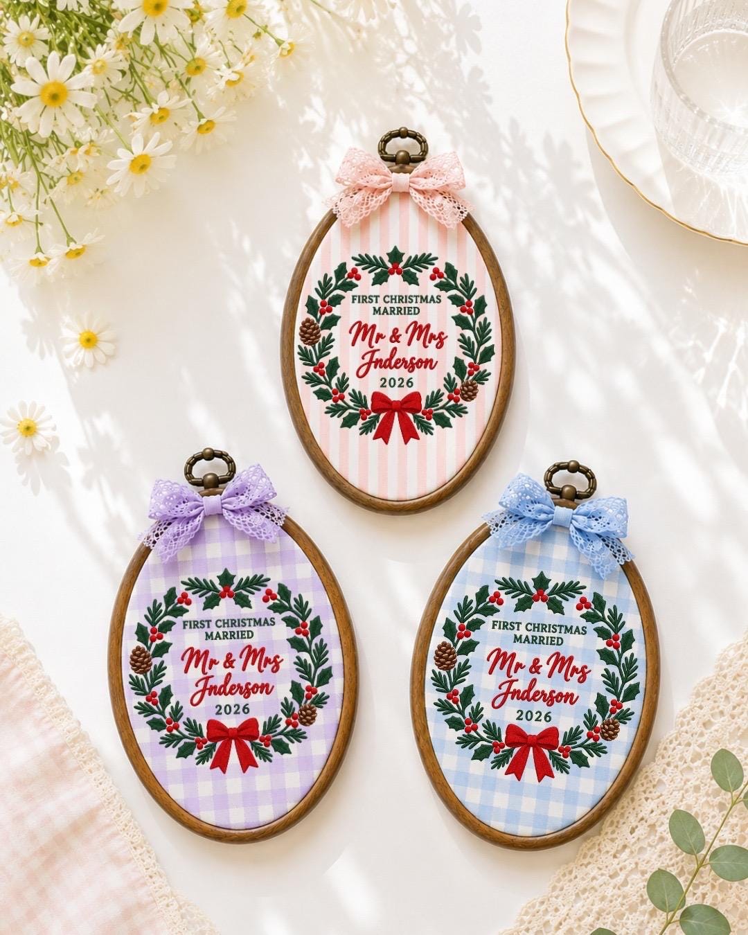 Personalized First Married Christmas Embroidered Ornament, Mr and Mrs Wedding Ornament, Custom Last Name Newlywed Christmas Gift