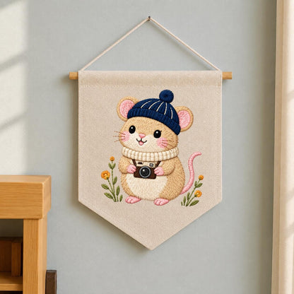 Embroidered Mouse Banner Cute Woodland Animal Wall Hanging Camera Lover Nursery Decor Cozy Winter Home Gift Handmade Keepsake Pennant