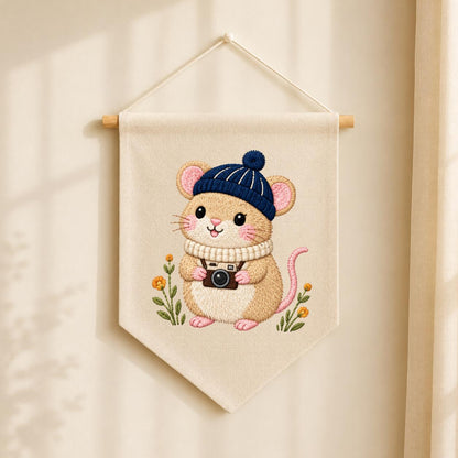 Embroidered Mouse Banner Cute Woodland Animal Wall Hanging Camera Lover Nursery Decor Cozy Winter Home Gift Handmade Keepsake Pennant