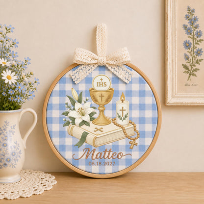 Personalized First Communion Embroidered Ornament, Catholic Communion Gift, Custom Name Eucharist Keepsake, Baptism Religious Gift for Boy
