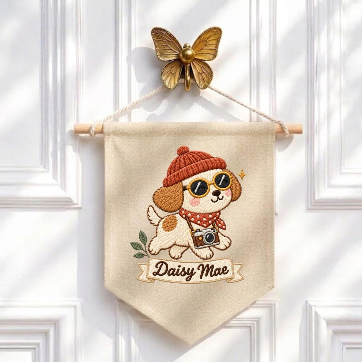 Personalized Dog Banner Daisy Mae Cute Puppy Photographer Wall Hanging Cozy Winter Nursery Decor Camera Lover Gift Handmade Keepsake Pennant
