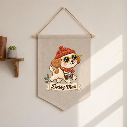Personalized Dog Banner Daisy Mae Cute Puppy Photographer Wall Hanging Cozy Winter Nursery Decor Camera Lover Gift Handmade Keepsake Pennant