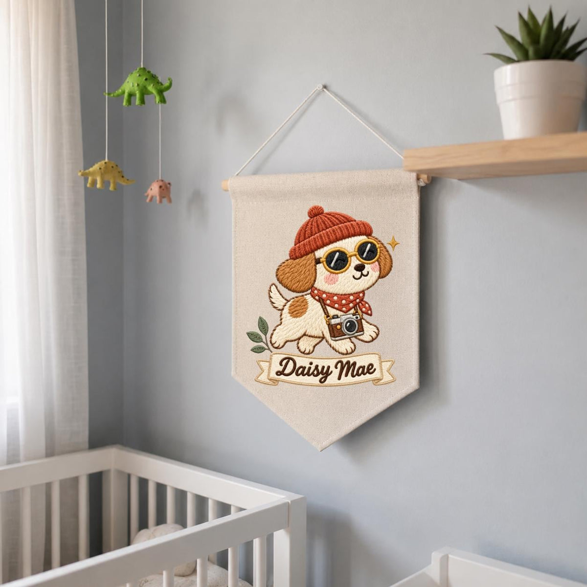Personalized Dog Banner Daisy Mae Cute Puppy Photographer Wall Hanging Cozy Winter Nursery Decor Camera Lover Gift Handmade Keepsake Pennant