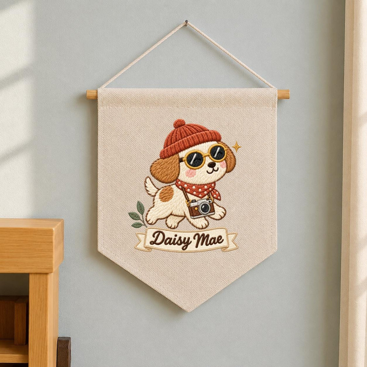 Personalized Dog Banner Daisy Mae Cute Puppy Photographer Wall Hanging Cozy Winter Nursery Decor Camera Lover Gift Handmade Keepsake Pennant